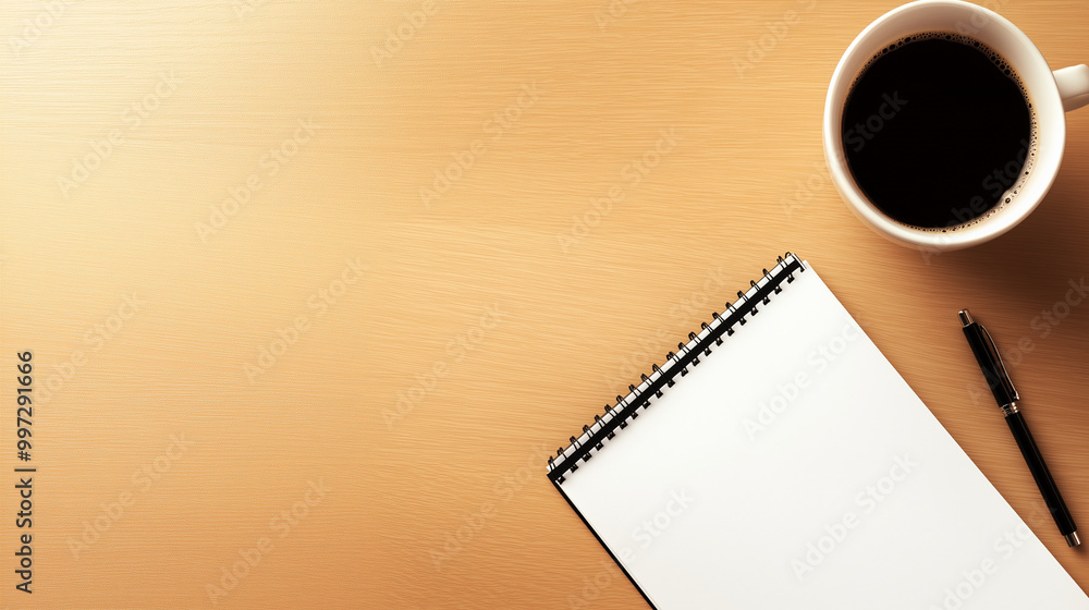 Minimalist workspace with a cup of black coffee, blank notebook, and a pen on a natural wood desk, perfect for business, productivity, or creative projects Minimalist workspace with a cup of black coffee, blank notebook, and a pen on a natural wood desk, perfect for business, productivity, or creative projects