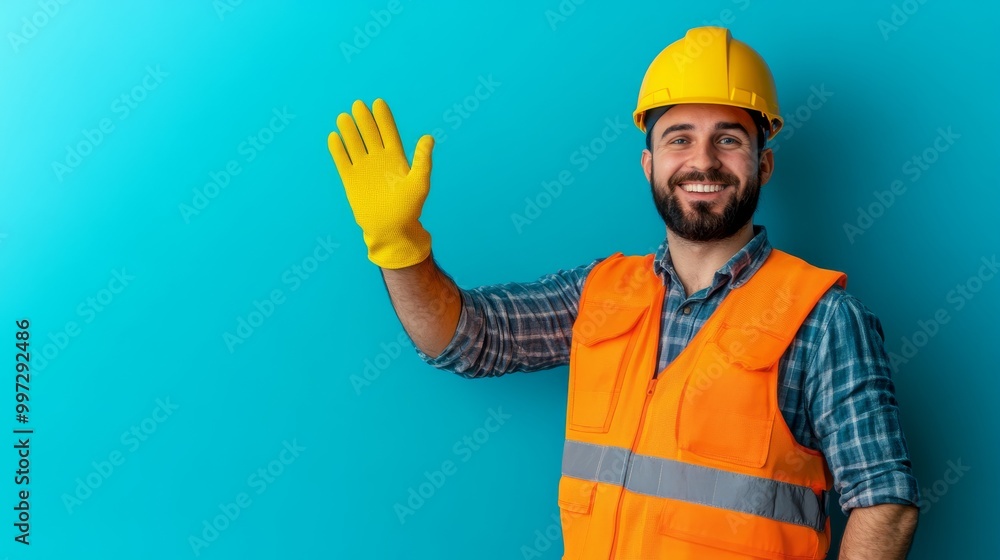 A friendly construction worker greets with a wave, showcasing his bright yellow hard hat, gloves, and reflective vest. His enthusiasm shines in a colorful backdrop A friendly construction worker greets with a wave, showcasing his bright yellow hard hat, gloves, and reflective vest. His enthusiasm shines in a colorful backdrop