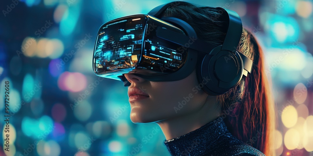 School student using VR headset to interact with AI holograms in a classroom environment School student using VR headset to interact with AI holograms in a classroom environment
