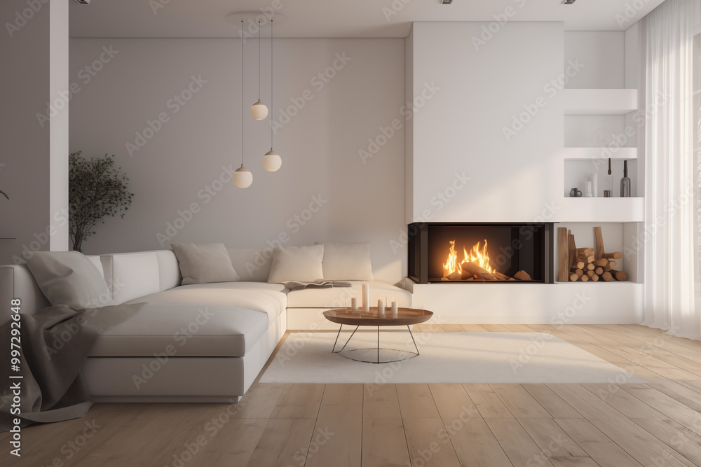 Fototapeta premium Diseño interior exclusivo de una gran sala con chimenea en colores pastel .