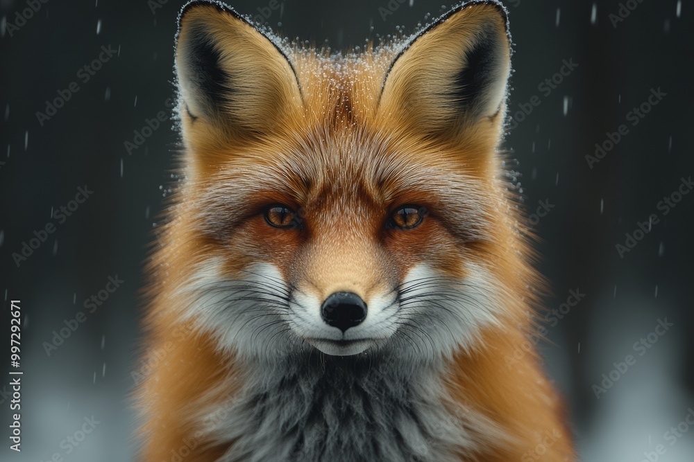 Close Up of a Red Fox with Snowflakes in a Serene Winter Setting Close Up of a Red Fox with Snowflakes in a Serene Winter Setting