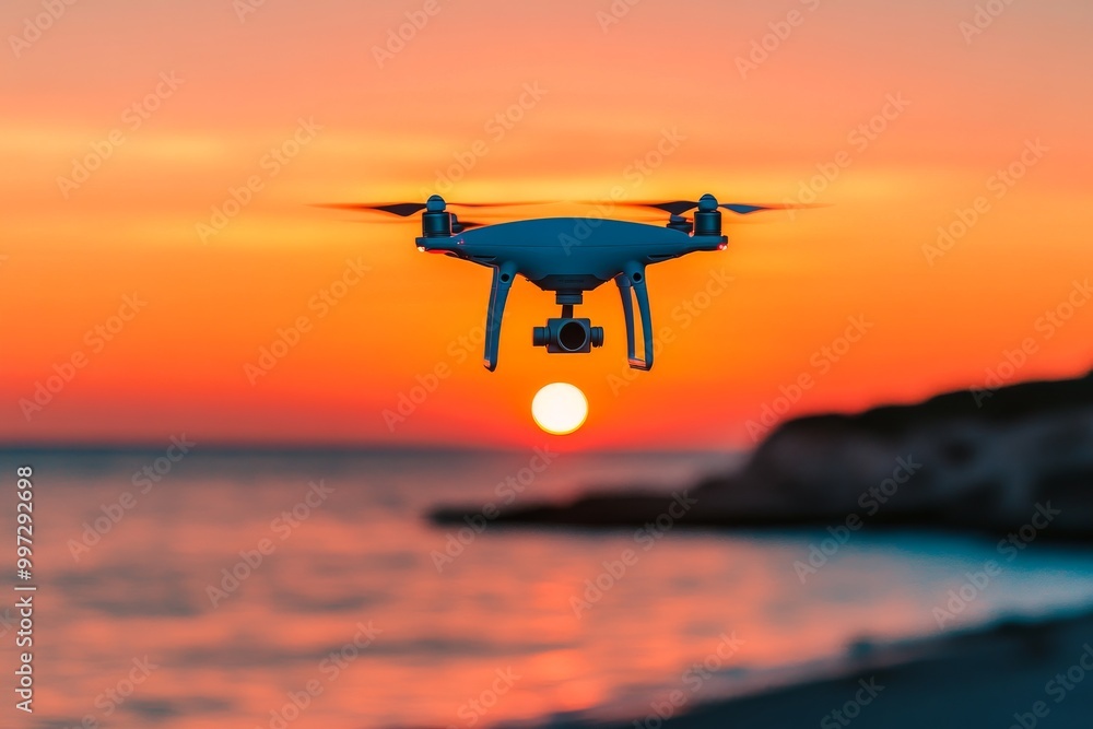 Drone flying over the ocean during a colorful sunset symbolizing UAV technology for remote deliveries and scenic logistics solutions