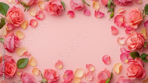 Pink roses and petals border on pink background.