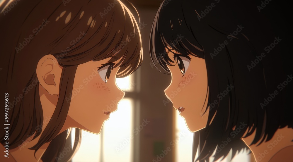 Two girls looking at each other and sharing a friendly moment in an office building during daylight, highlighting their warm expressions and stylish attire. Two girls looking at each other and sharing a friendly moment in an office building during daylight, highlighting their warm expressions and stylish attire.