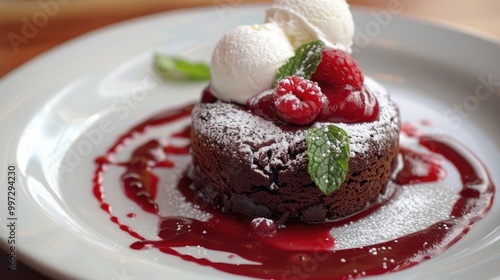 Moist chocolate lava cakes with raspberry coulis and vanilla ice cream