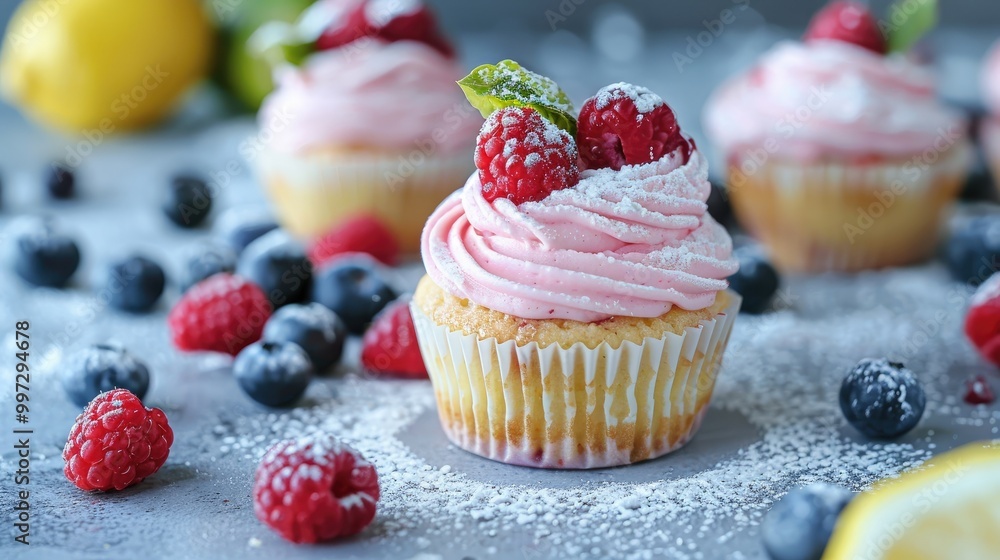Moist lemon cupcakes with raspberry buttercream frosting, powdered sugar, fresh berries, and a side of roasted Brussels sprouts Moist lemon cupcakes with raspberry buttercream frosting, powdered sugar, fresh berries, and a side of roasted Brussels sprouts