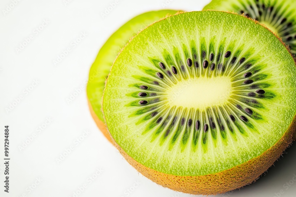 Fresh Kiwi Fruit Halved to Reveal Vibrant Green Interior and Tiny Black Seeds Fresh Kiwi Fruit Halved to Reveal Vibrant Green Interior and Tiny Black Seeds