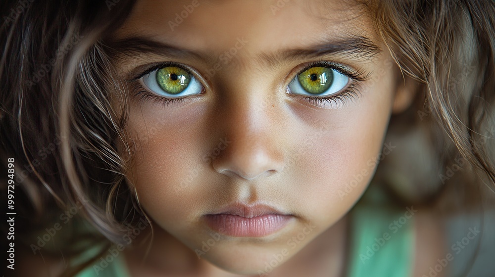 Close-up of a young girl with striking green eyes. Close-up of a young girl with striking green eyes.