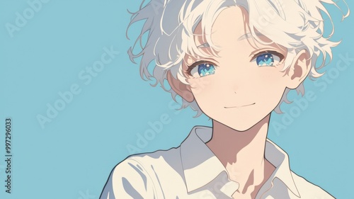 Cute Anime White-Haired School Boy Smiling, Minimalist Close-Up Portrait with Copy Space for Text