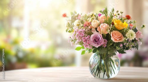 A beautifully arranged bouquet features various flowers in a clear glass vase, enhancing the bright interior atmosphere on a wooden table. Generative AI