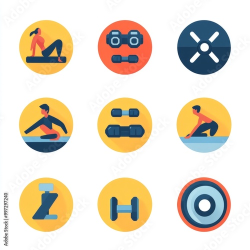 Nine colorful fitness icons in circles depicting different exercises and equipment.