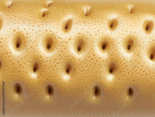 Trypophobia. Close-up displays a textured golden surface, showcasing numerous small holes arranged in a systematic pattern. photo