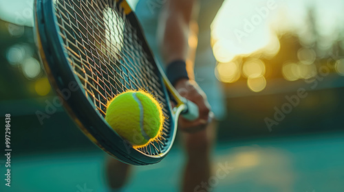 A tennis player is holding a racket with a tennis ball in it. The ball is yellow and is in the air photo