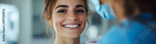 A patient smiling as a nurse administers a vaccine, their hands gently connected, conveying compassion and optimism, in a bright and hopeful clinic setting