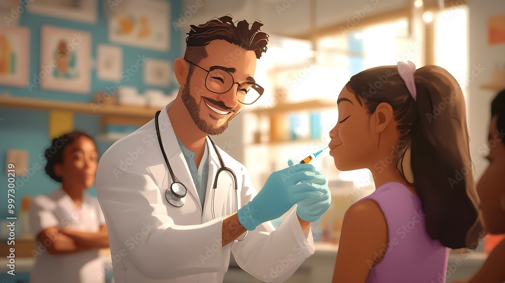 Fototapeta premium Healthcare worker giving a vaccine, diverse patients in line, digital illustration, vibrant colors, clean lighting, community center backdrop, soft-focus