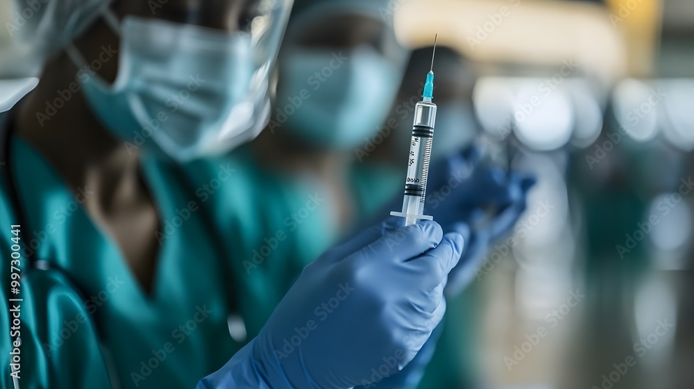 A group of healthcare workers at a mass vaccination site, giving vaccines to a line of patients in an efficient and organized manner A group of healthcare workers at a mass vaccination site, giving vaccines to a line of patients in an efficient and organized manner
