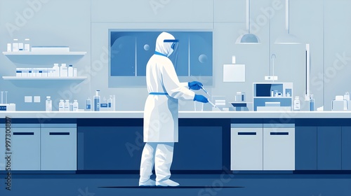 Vaccination scene with a healthcare worker in full protective gear in a sterile environment, minimalistic, white and blue tones, flat illustration, soft lighting