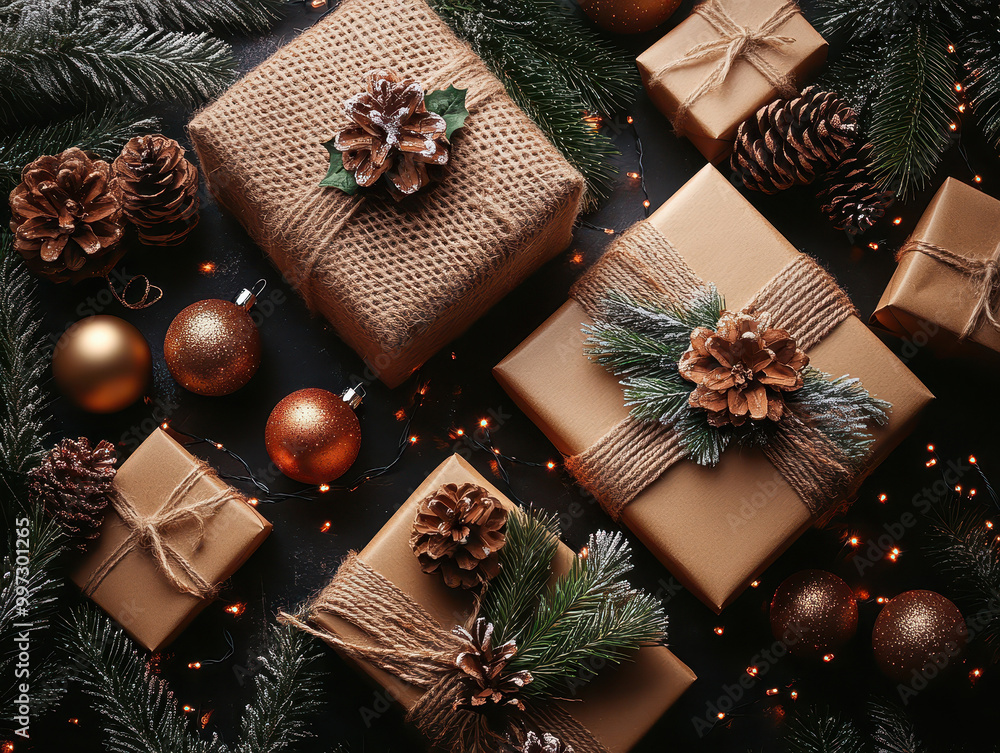 Fototapeta premium Flat lay new year cristmas boxes, balls and pine tree and lights . High quality photo