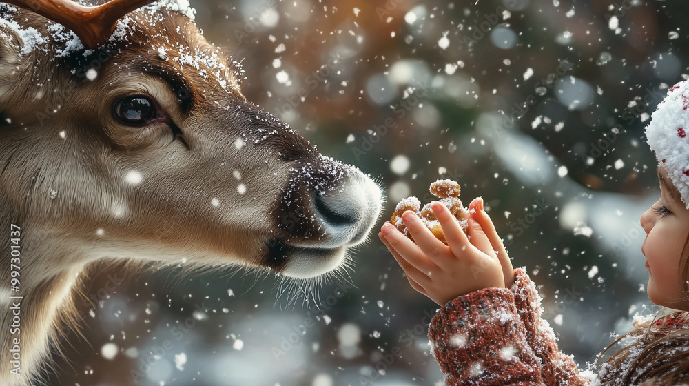 a girl feeding a reindeer outdoors in the snow during winter, emphasizing her connection with nature on christmas eve