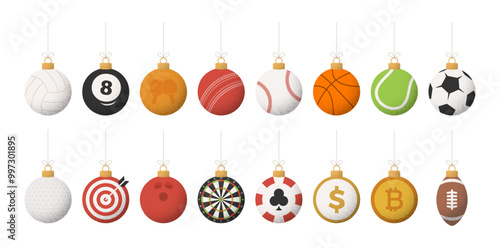 Sport Christmas balls set. Retro Christmas set with sport baseball, basketball, football, tennis, cricket, soccer, volleyball, bowling, billiard balls hang on a thread. Vector illustration.
