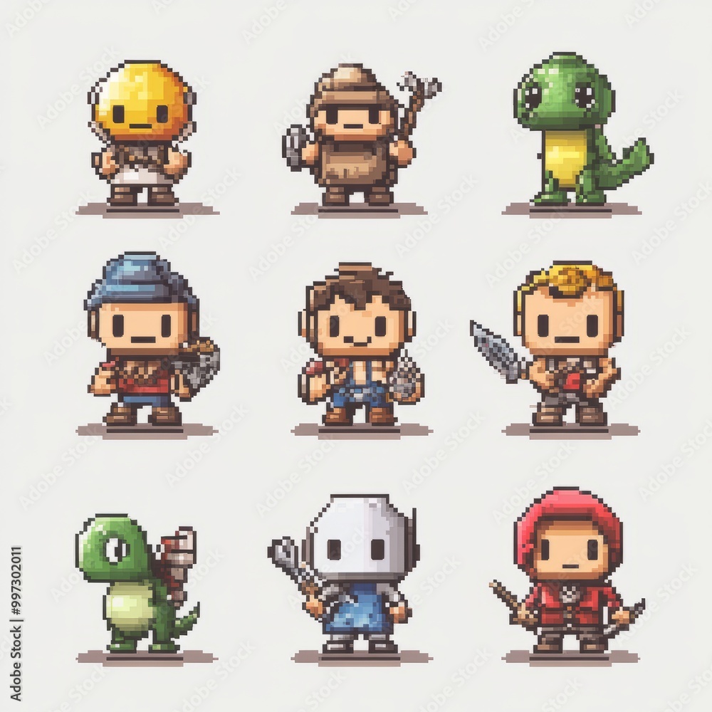 Nine pixel art characters in various poses and outfits, including a ...