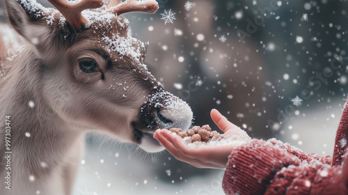 a girl feeding a reindeer outdoors in the snow during winter, emphasizing her connection with nature on christmas eve