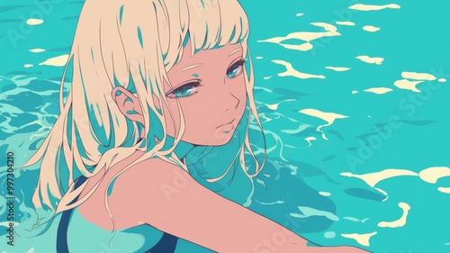 Manga-Style Illustration of a Beautiful Blonde Girl with Yellow Eyes Swimming in a Pool, Set Against a Pastel Light Blue Background photo