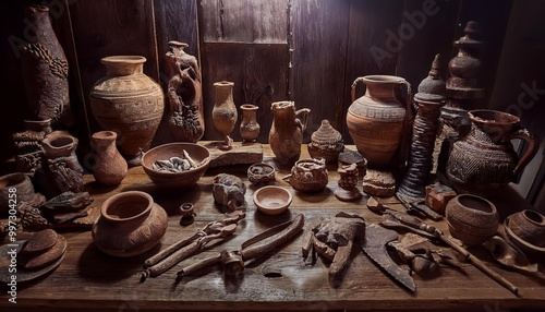 Collection of Cultural Artifacts from Various Civilizations on Rustic Wooden Table