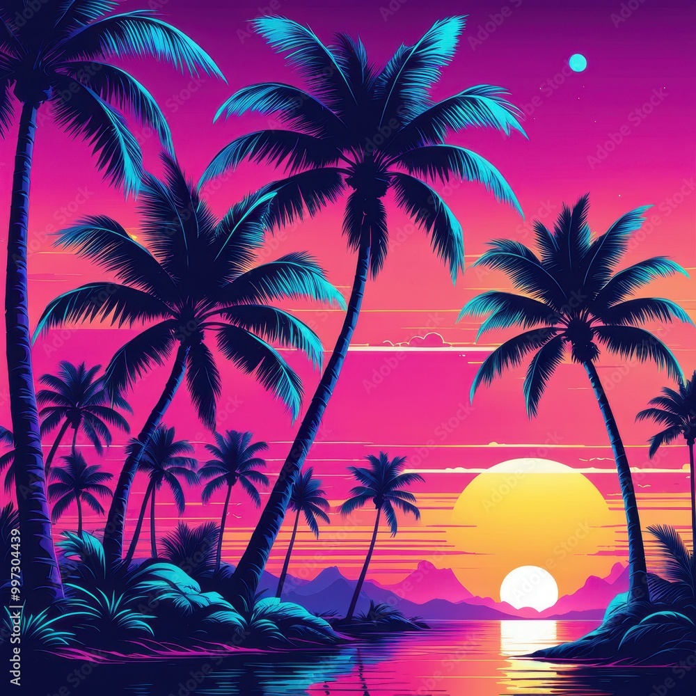 Obraz premium A vibrant tropical sunset with palm trees and a serene water reflection.