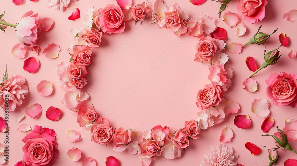 Pink roses and petals forming a circle on a pink background. Pink roses and petals forming a circle on a pink background.