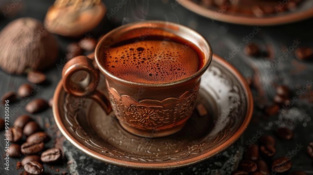Steam rising from a cup of freshly brewed Turkish coffee, finely ground beans settling at the bottom, promising a rich and intense flavor with every sip. Steam rising from a cup of freshly brewed Turkish coffee, finely ground beans settling at the bottom, promising a rich and intense flavor with every sip.