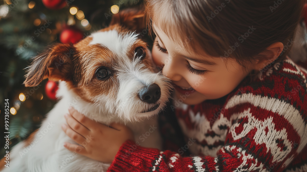 a child funny playing with hispet dog next to a christmas tree, filled with decorations and ornaments