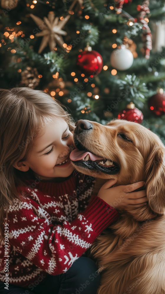a girl funny playing with her pet dog next to a christmas tree, filled with decorations christmas