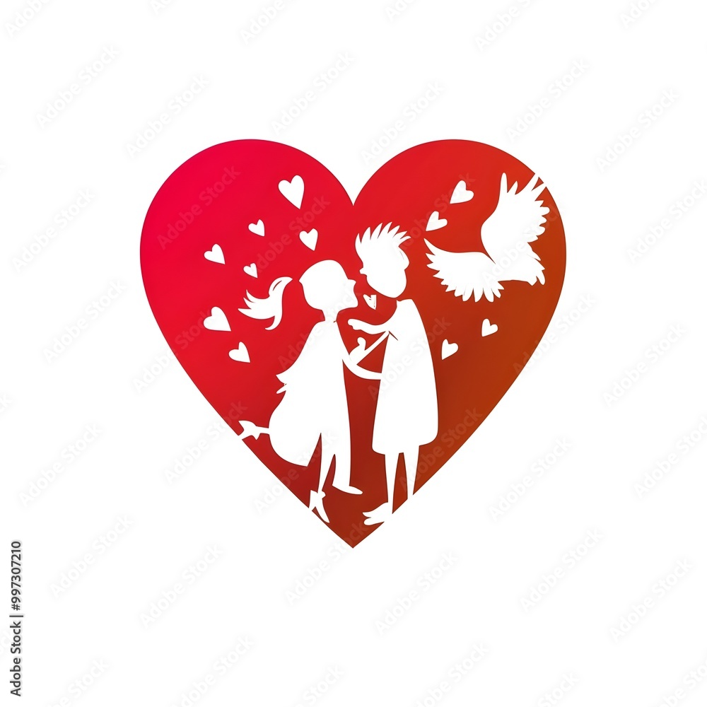 : A couple stands inside a heart-shaped formation of angelic wings, surrounded by doves and hearts.
: A couple stands inside a heart-shaped formation of angelic wings, surrounded by doves and hearts.