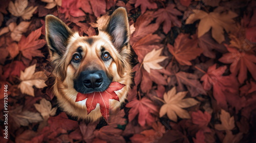 Wallpaper Mural German shepherd dog in autumn leaves holding red maple leaf in mouth. Portrait of an Alsatian dog looking up and sitting in fallen leaves in top view from above with copy space for text Torontodigital.ca