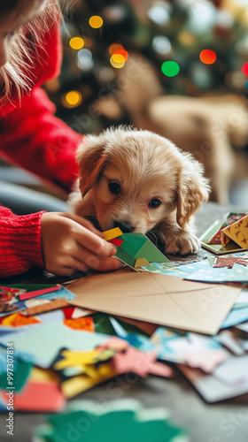 Obraz na płótnie playful and cute puppy playing with colorful papers on the table w salonie