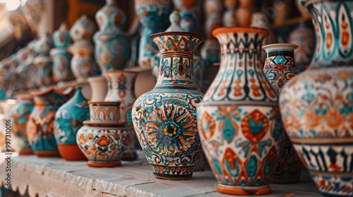 Traditional Islamic pottery with vibrant colors.