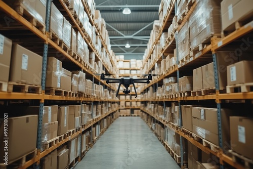 Aisle in a well lit warehouse with neatly stacked boxes illustrating organized storage solutions and efficient inventory management in logistics environments