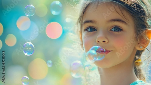 A Little Girl Blowing Bubbles with a Focused Expression