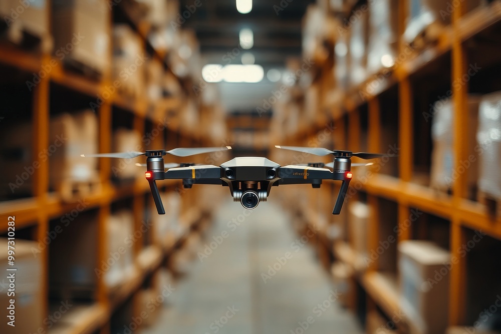 Drone flying through a spacious warehouse aisle with orange lighting symbolizing efficient inventory control and modern supply chain logistics solutions Drone flying through a spacious warehouse aisle with orange lighting symbolizing efficient inventory control and modern supply chain logistics solutions