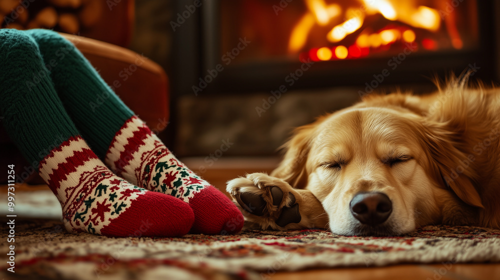 a child's legs relax in christmas stockings next to a fireplace with their pet dog during the christmas season