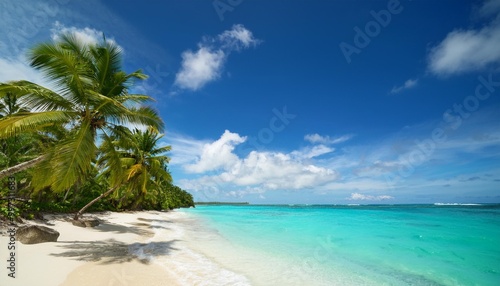 tropical beach paradise with clear turquoise water white sandy shore and palm trees under a bright blue sky with fluffy white clouds