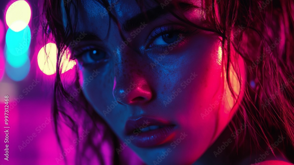 Close-up Portrait of a Woman with Neon Lighting Close-up Portrait of a Woman with Neon Lighting
