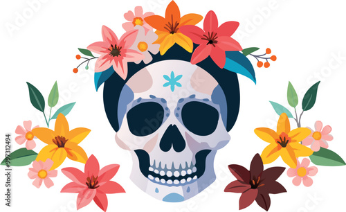 Skull with flowers, vibrant vector illustration for posters, web design, festive themes like Dia de los Muertos or party invitations. Bright and warm color palette