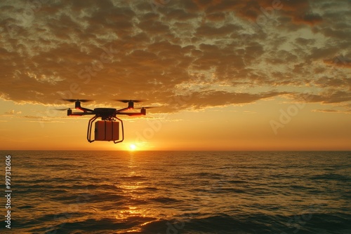 Drone flying above a calm ocean at sunset carrying a package symbolizing maritime delivery solutions and autonomous transport across water based landscapes photo