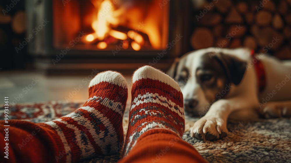 a child's legs red relax in christmas stockings next to a fireplace with their pet dog during the christmas season