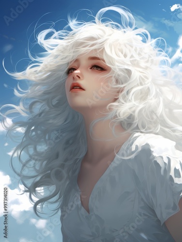 Anime-Style Girl with Long White Hair, Closed Eyes, Delicate Features, and Wind Blowing Through White Clouds in the Sky