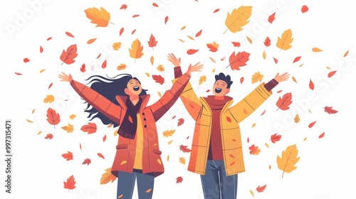 Wallpaper Mural Autumn joyful couple celebrating amidst falling leaves in a cheerful scene Torontodigital.ca