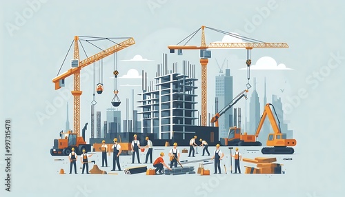 construction site with cranes, workers, and equipment in action