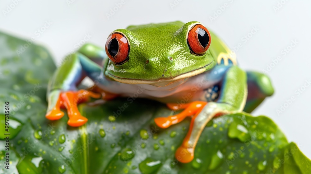 Captivating portrait of a red-eyed tree frog on dew-kissed leaf for nature design isolated on white background Captivating portrait of a red-eyed tree frog on dew-kissed leaf for nature design isolated on white background